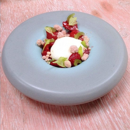 Strawberries, ricotta mousse, lemon cake, celery by pastry chef Bill Corbett