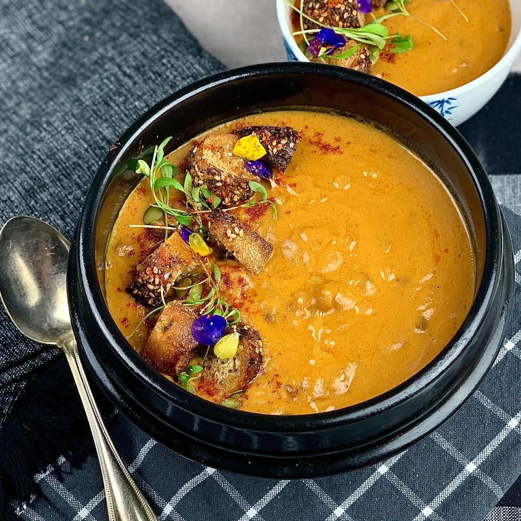 Berbere Butternut Squash Bisque - Chorizo - Pecan Oil Everything Bagel Croutons