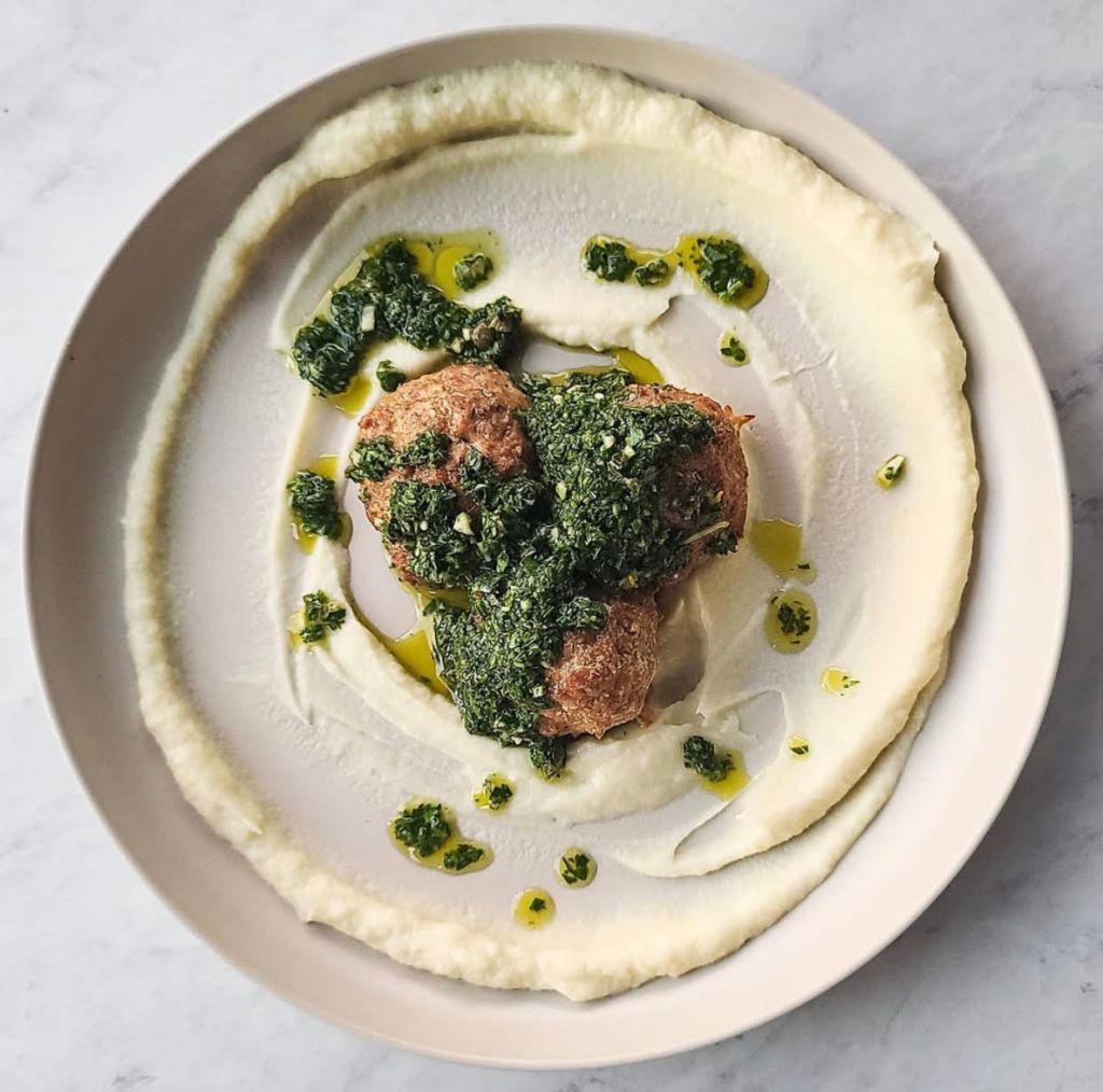 Turkey Meatballs with Italian Salsa Verde & Celeriac Parsnip Puree