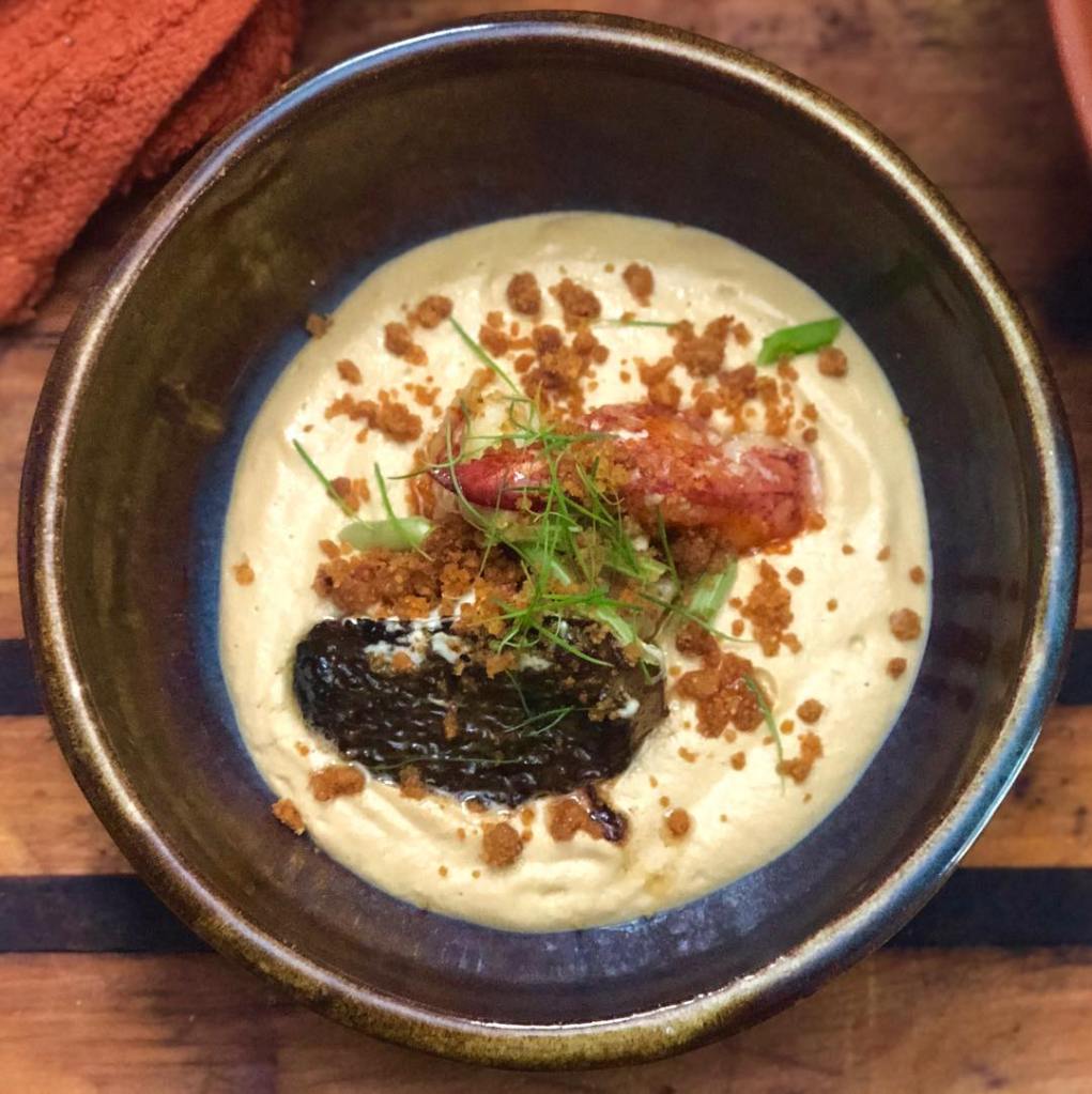 Maine Lobster - Quark & Spring Garlic Stuffed Morels -Sumac Shoots - Brown Butter Milk Crumbs - Spring Carrot Purée- Tamarack Needles